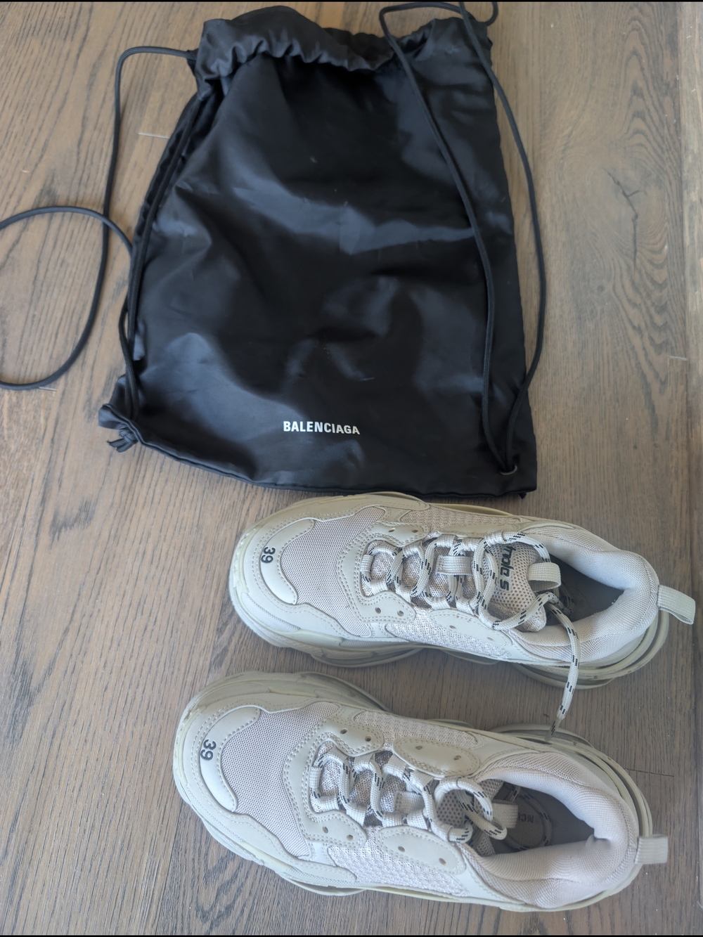 Balenciaga Black Drawstring Dust Bag with Cream Sneakers